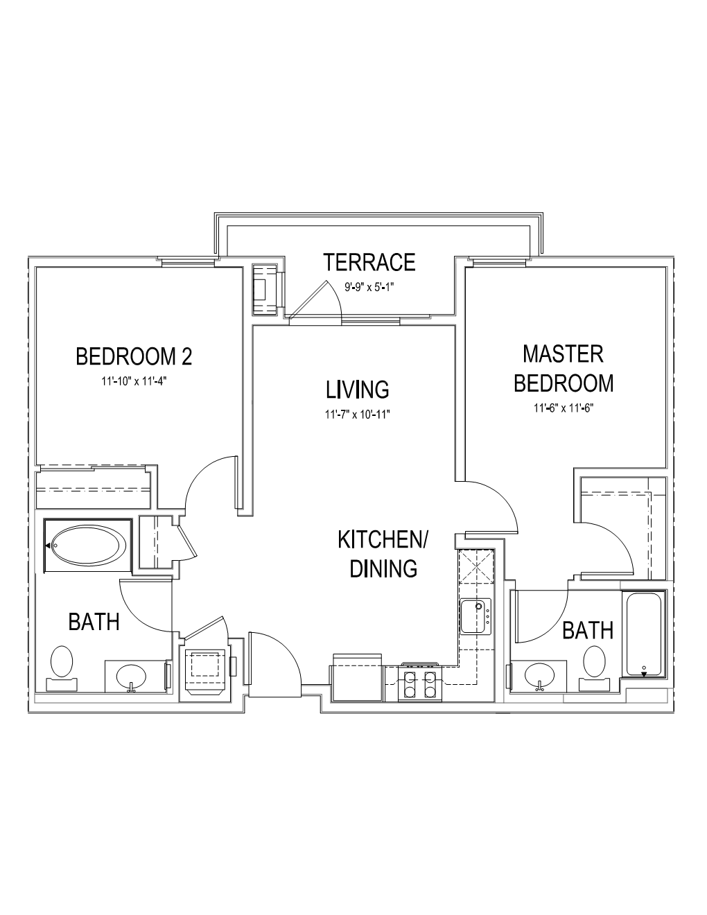 Floor plan for 2 beds, 2 baths, 900 sqft
